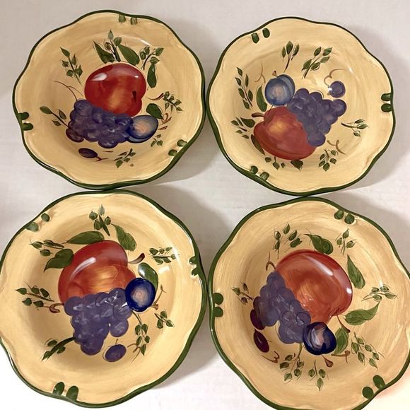 Home Trends GRANADA Tan Colors Fruit Green Trim Scallop Soup Cereal Bowls Set 4 - Picture 2 of 5